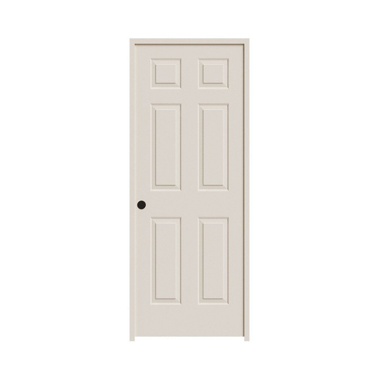 A closed, plain white Go Build 28 in. x 80 in. RH 6 Panel Colonist Primed Textured MDF Hollow-Core Prehung Door with a round black doorknob and right-hand orientation is shown against a white background.